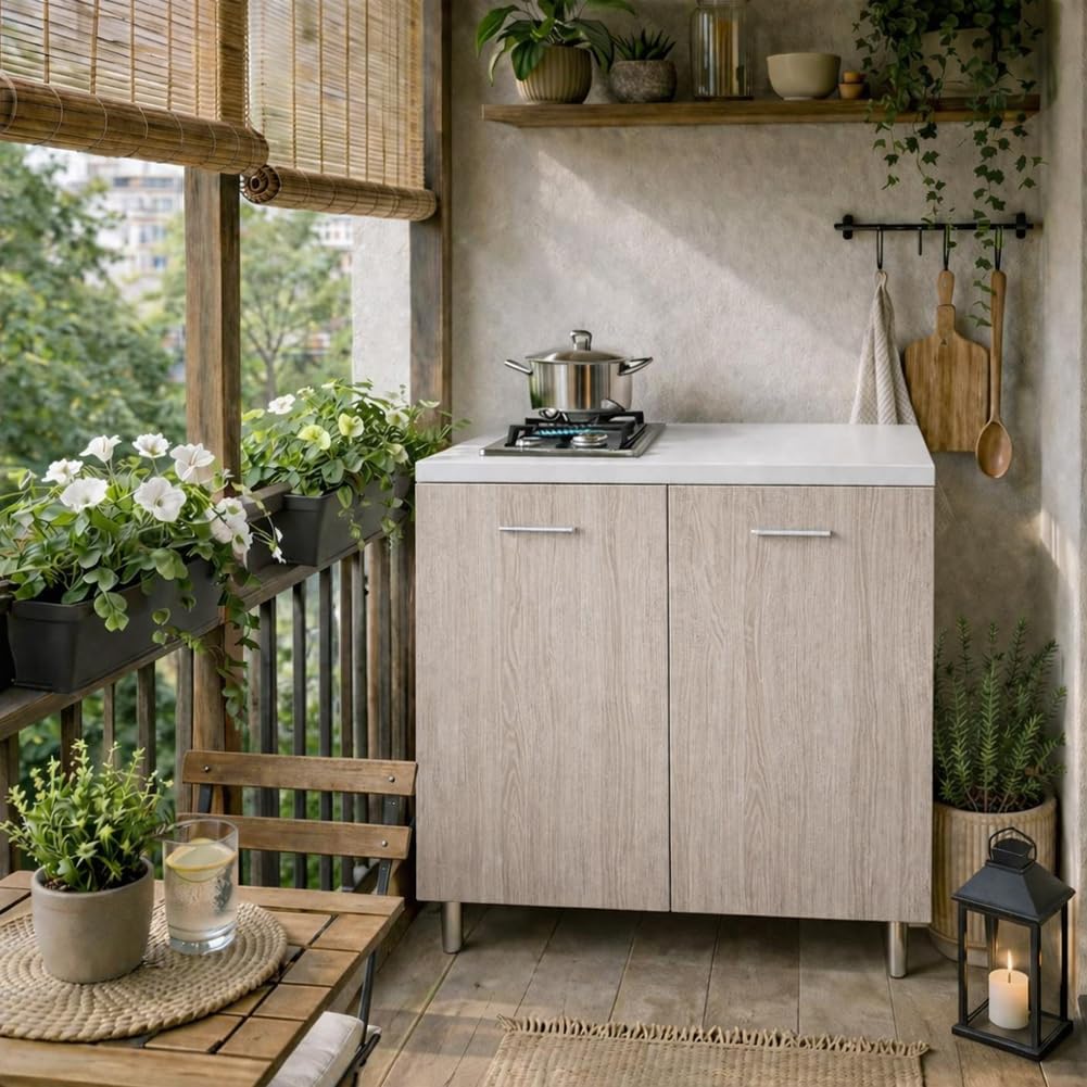 Shally Dogan Mueble base de cocina 2 puertas 80 x 60 x 85 cm con placa de cocción a gas 2 fuegos, placas de hierro fundido resistentes, montaje con patas fijas o ruedas, kit completo monobloque (Olmo)