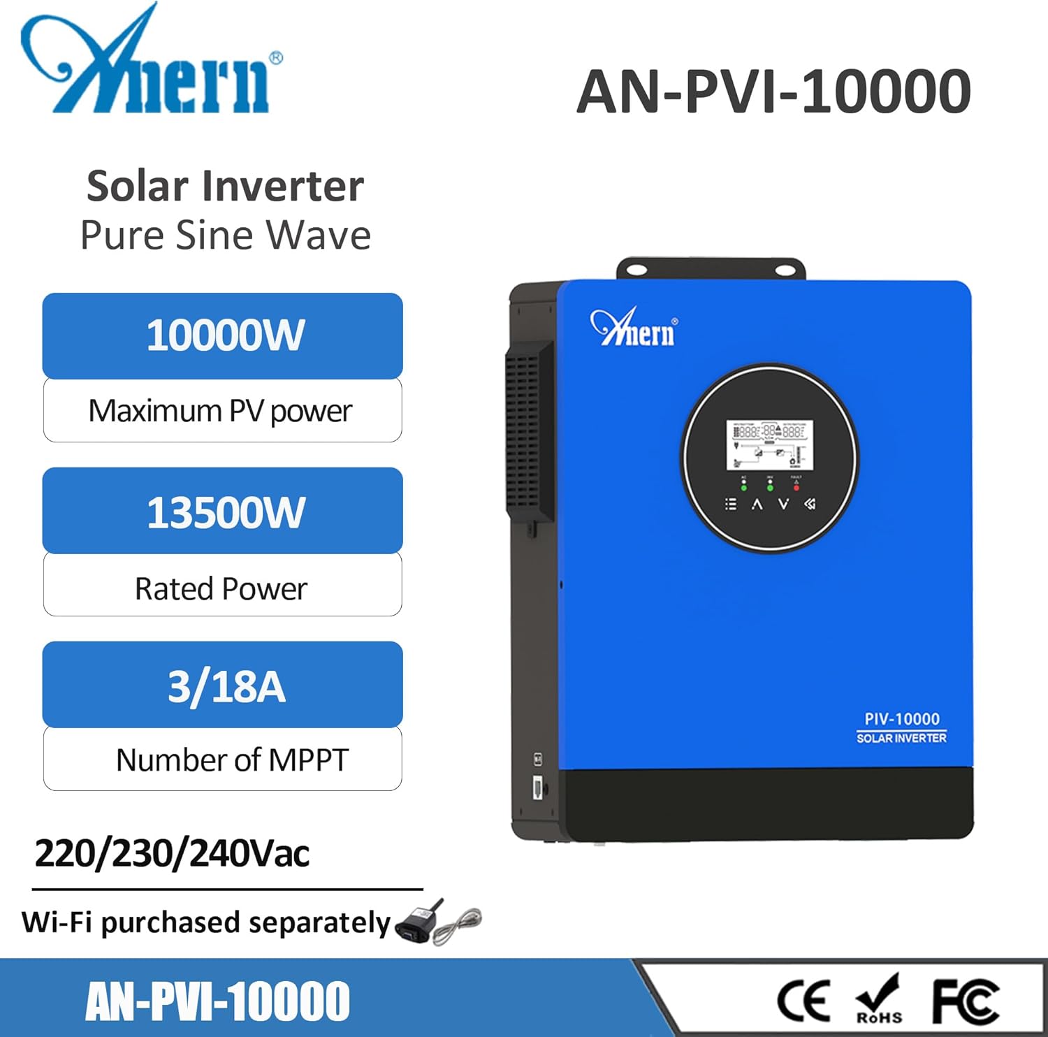 Anern 10KW Solar Inverter AC230V, Off-Grid Pure Sine Wave Inverter with 3 MPPT Solar Charger 13500W Solar Input & Battery-Free Design, Compatible with Water Pump, Generator & Home Appliances