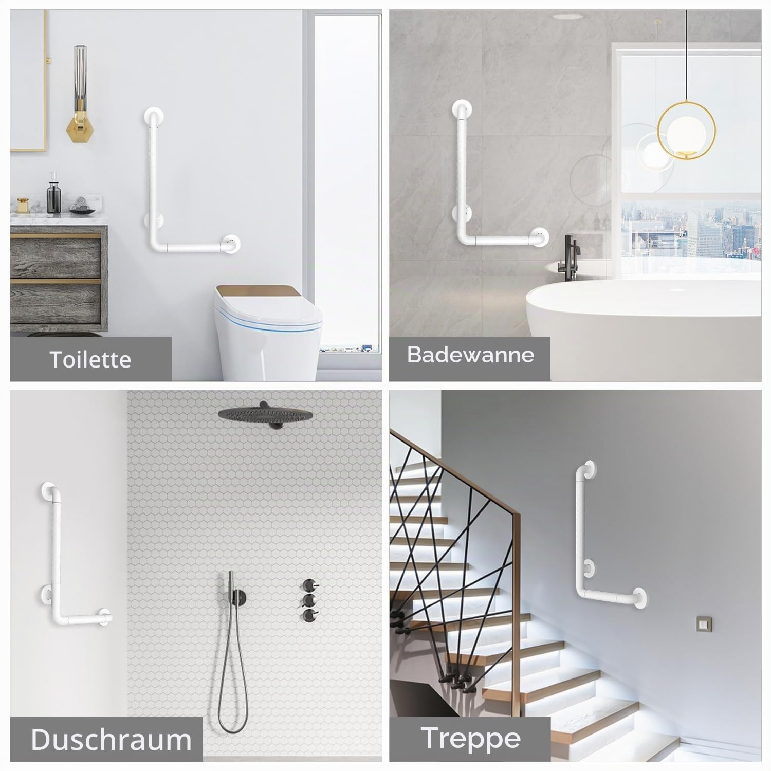 Haltegriff für Senioren, Dusche L-Form 60x40cm, WC Griff Edelstahl Weiß | Wandmontage, geeignet für Behinderte, Badewanne und Badezimmer, Duschgriffe bis 300kg Belastbar