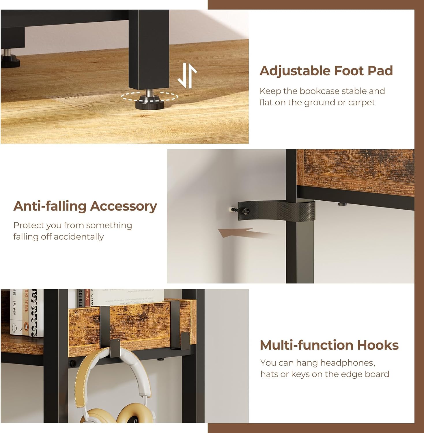 Rolanstar Bookshelf 5 Tiers, Triple Bookcase with Open Display Shelves, Industrial Wide Bookshelf with Metal Frame for Living Room, Office, Rustic Brown - Image 7