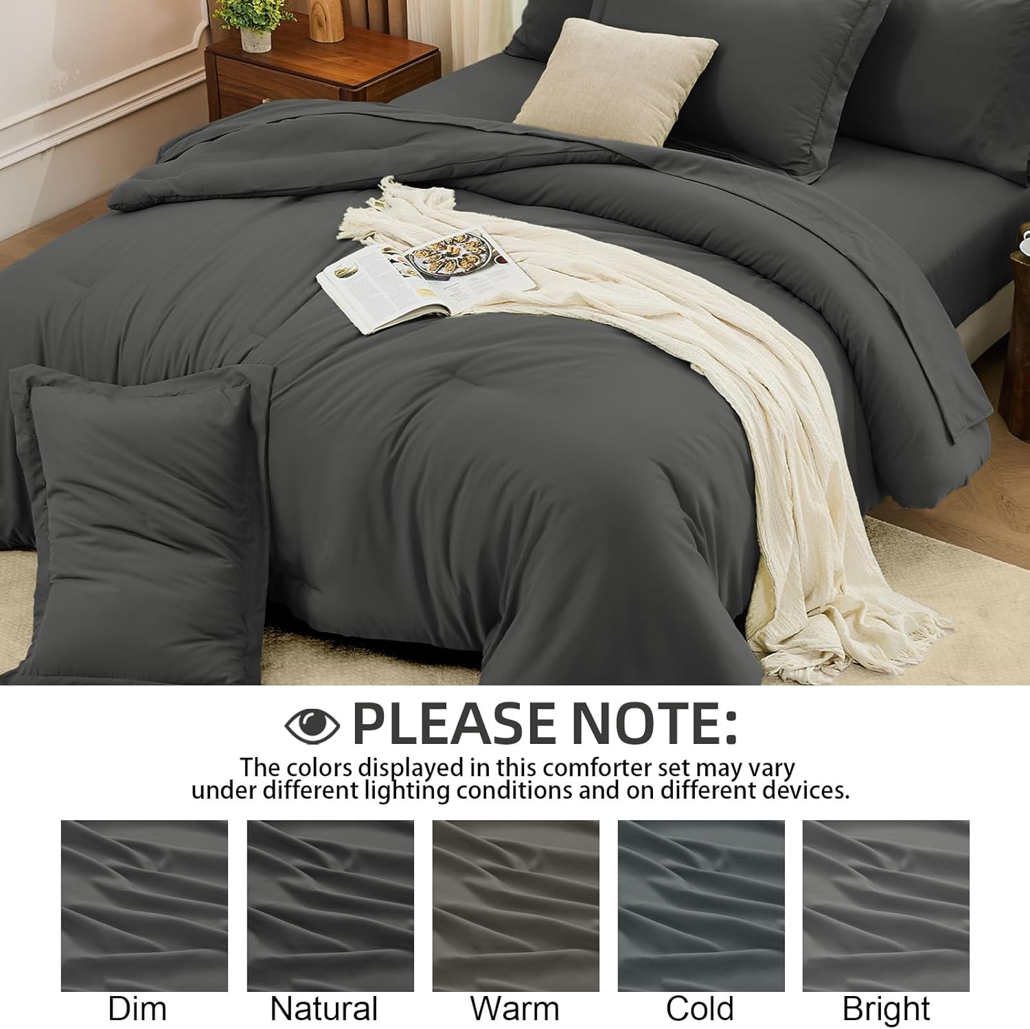 FUANNA Queen Comforter Set Dark Grey, 7 Pieces Soft Bedding Sets Queen Size, All Season Lightweight Bed in a Bag with Comforter, Flat Sheet, Fitted Sheet, Pillowcases & Shams - Image 8