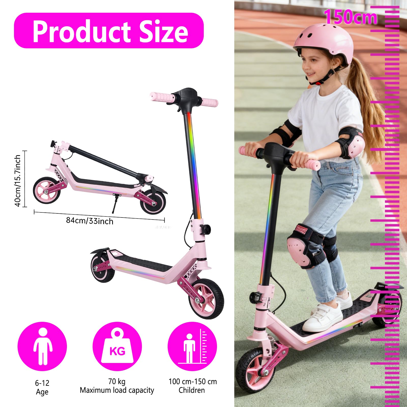 Monopattino elettrico elettrico per bambini, doppia sospensione con luci arcobaleno colorate e indicatore LED, portata 12 km, regalo per ragazzi e ragazze dai 6 anni in su (rosa)