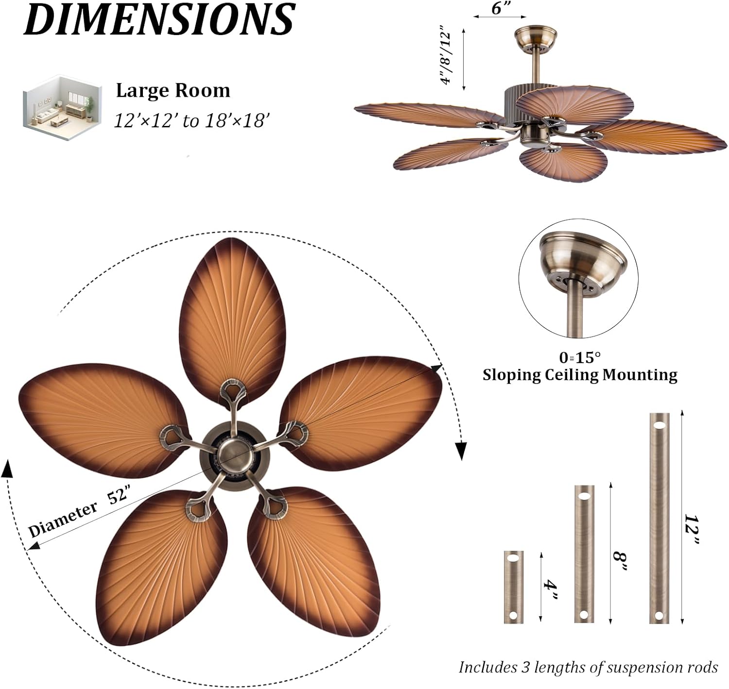 52 Inch Outdoor Ceiling Fan Without Lights Tropical Coffee Finish Palm Leaf Blades Remote Control, Reversible Quiet Motor, for Patio, Porch, Living Room Low Profile Ceiling Fan