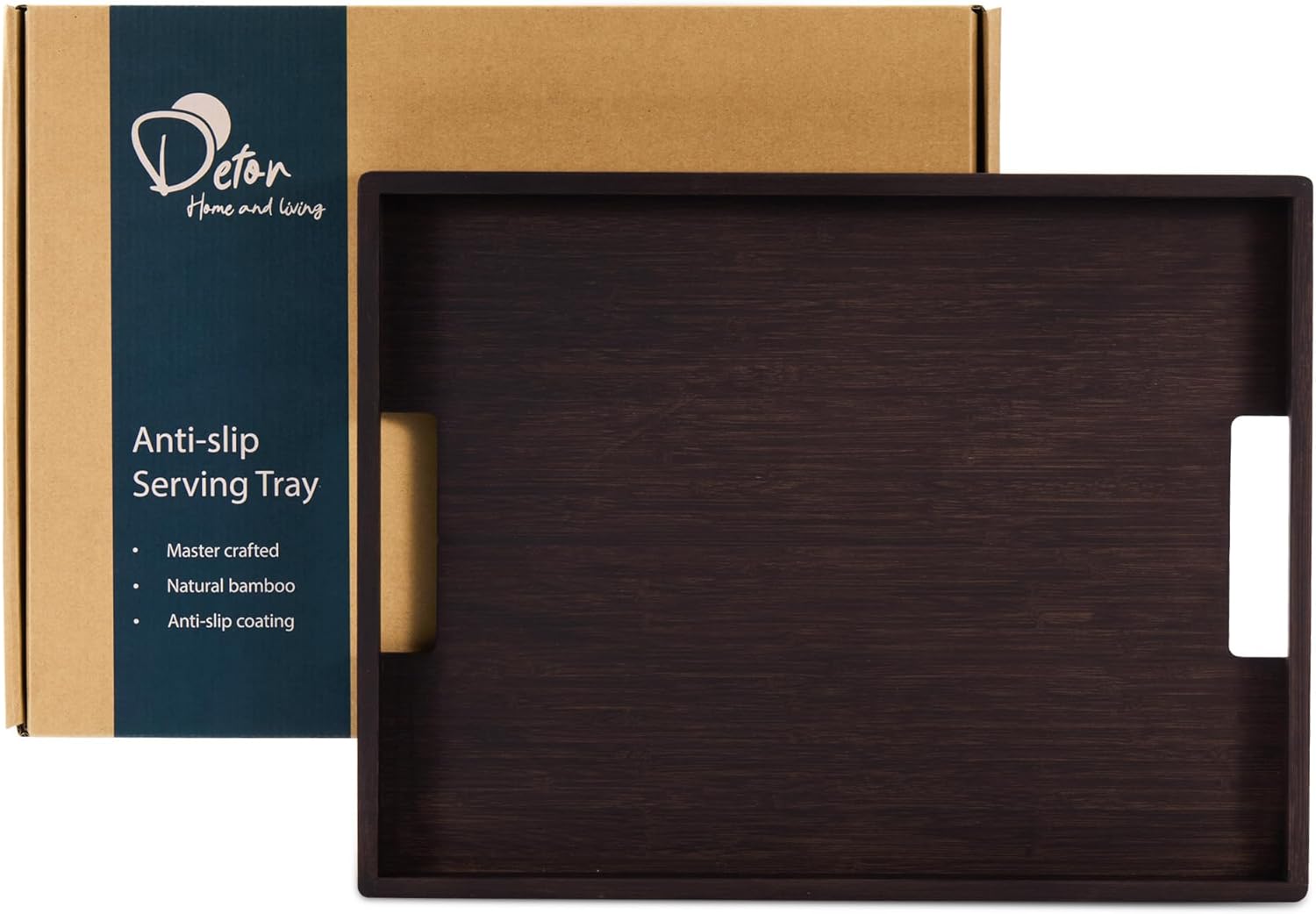 DETOR Serving Tray 17" x 13", Innovative Anti-Slip Coating, Mahogany Bamboo Finish, Solid Bamboo Board, Decorative & Ottoman Tray for Food, Drinks, and Home Décor