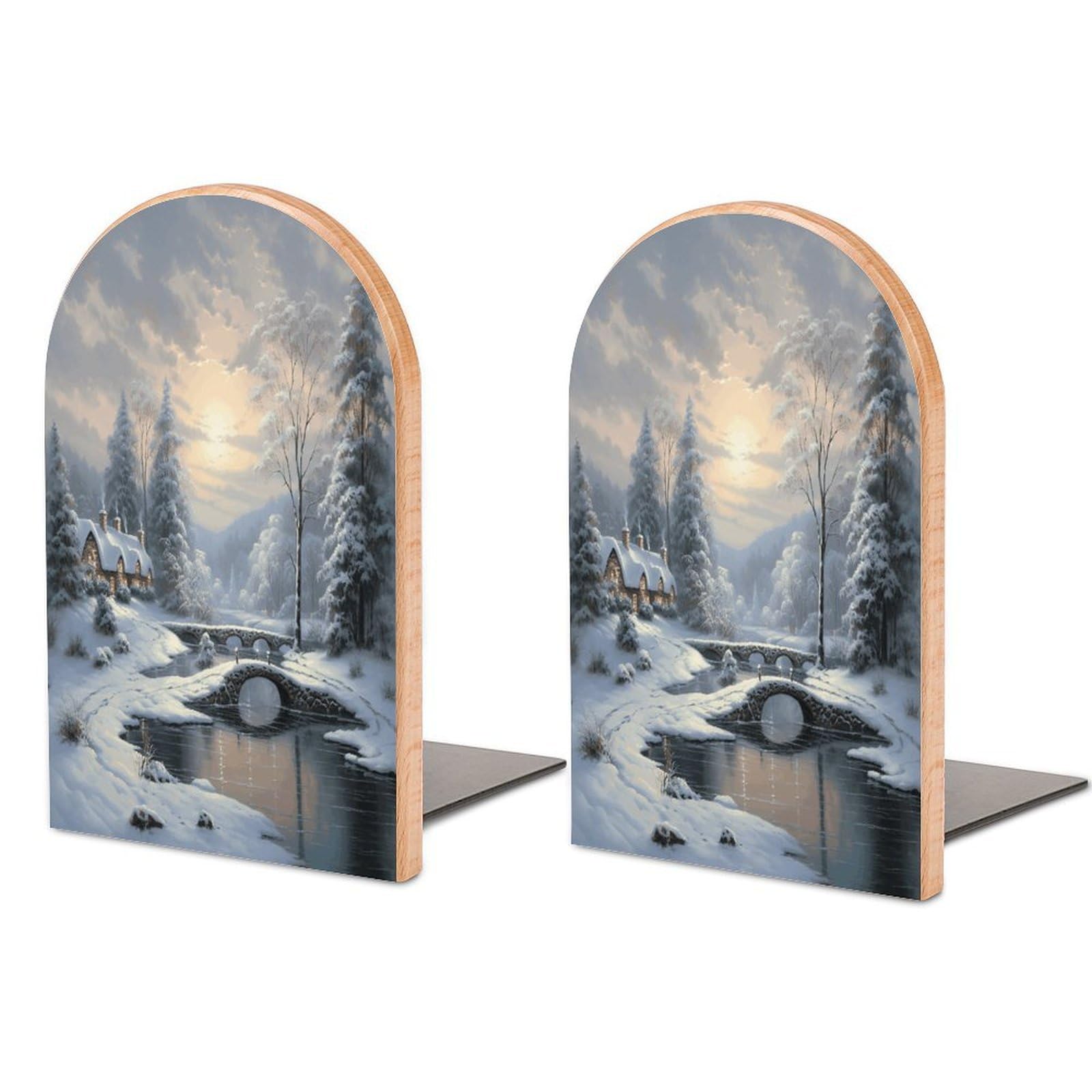 Sujetalibros de madera tallada con paisaje de nieve para regalar