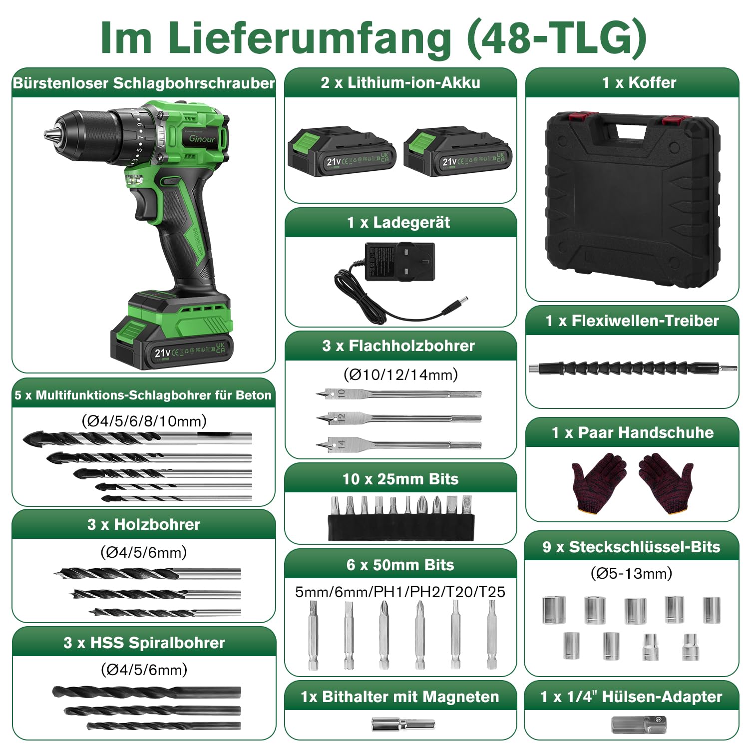 Ginour 21V Bürstenlos Akku Schlagbohrschrauber Set, 50 Nm, 2x2Ah Akku, kompatibel mit Makita 18V Akku & Ladegerät, 2-Gang, 23+3 Stufen, 47-tlg. Zubehör & Koffer, LED, 10mm Bohrmaschine & Akkuschrauber