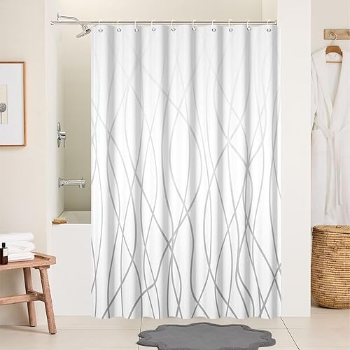 Miniatura 99 de Cortina de ducha pequeña a rayas gris claro degradado para baño, 36 x 72 pulgadas, juego de cortina de ducha geométrica para cabina de RV con Gris