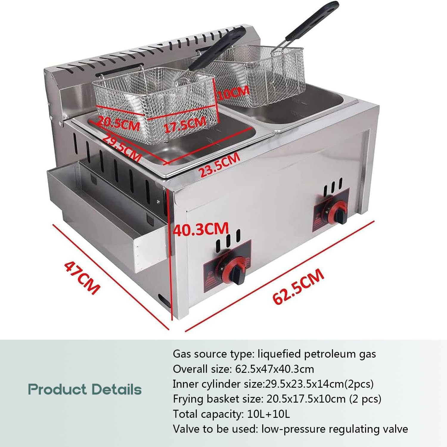 Freidora de Gas Profesional, freidora Profesional | freidora de 10Lx2 con Doble Tapa, para Restaurante Familiar y Comercial de Patatas Fritas