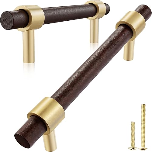 QogriSun Paquete de 6 tiradores de madera de latón para cajones, manijas de gabinete de madera dorada, tiradores de tocador, centro de agujeros de