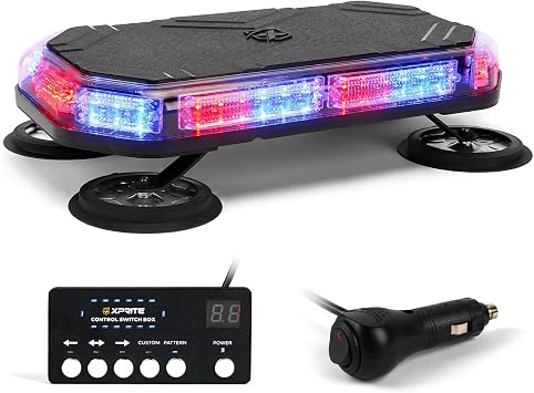 Xprite Red Blue Rooftop Emergency Strobe Light Bar, Beacon Safety Flashing Police Lights w/Control Panel Magnetic Base for Police Law Enforcement POV Vehicles Trucks