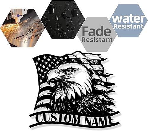 Miniatura 6 de Letrero de metal personalizado de águila y bandera estadounidense, arte de pared patriótico con nombre personalizado, decoración de hierro para el