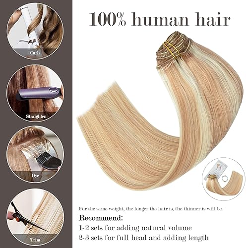 Miniatura 2 de Honsoo Extensiones de cabello de color rubio fresa a rubio decolorado, balayage, extensiones de cabello humano real, 2.47 onzas, 7 unidades, 15