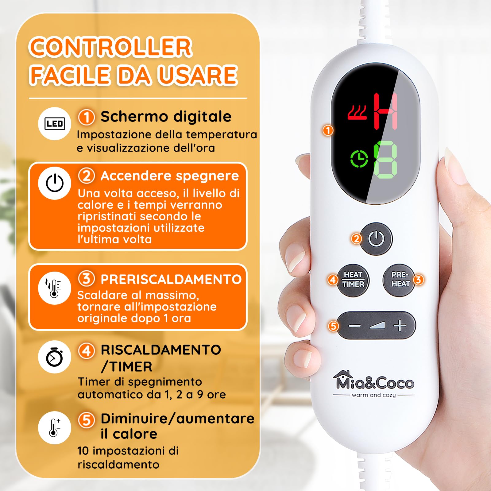 Mia&Coco Coperta Elettrica Termica Riscaldata Riscaldante con Telecomando Digitale, Flanella Sherpa 180x200cm, 10 livelli e 1~9 ore di spegnimento automatico, Lavabile in Lavatrice, Grigio