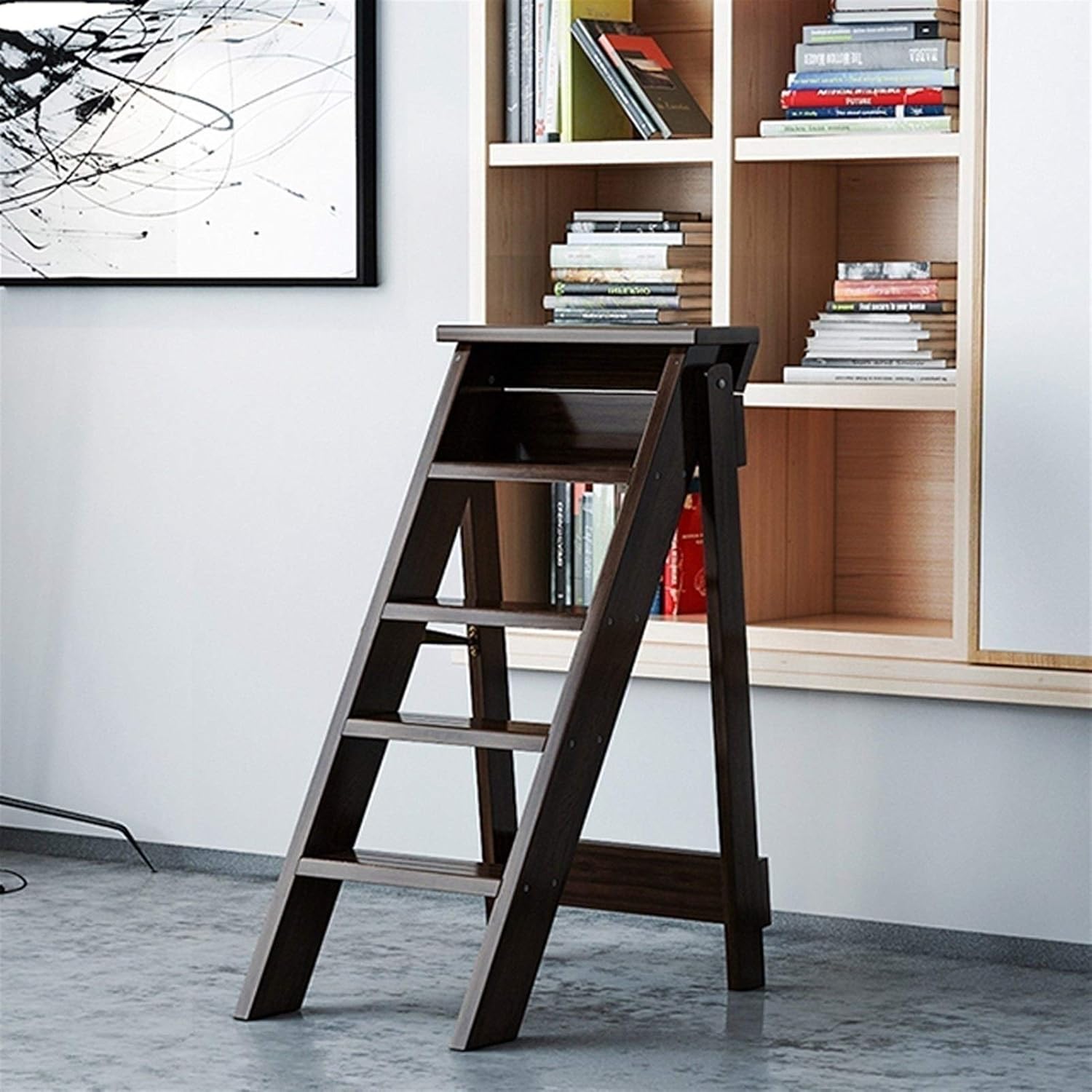 Folding Wood Stool Ladder Chair with Non Slip Tread 5 Step Portable Stairway for Indoor Climbing Space Saving Storage and Flower Rack Stand