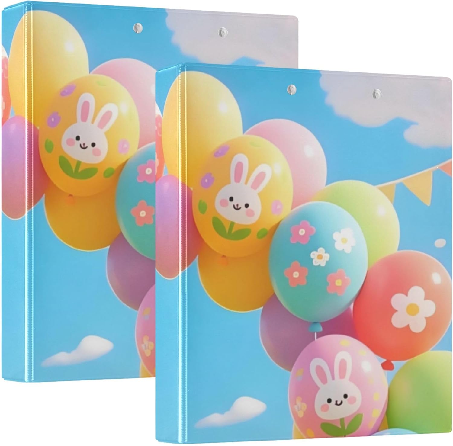 Happy Easter Balloons 3 Ring Binders, 1.5” Round Ring Binders with Clipboard - Letter Size, 3 Interior PVC Clear Pockets & Anti-Slip Clip for Office School Supplies, 2PCS