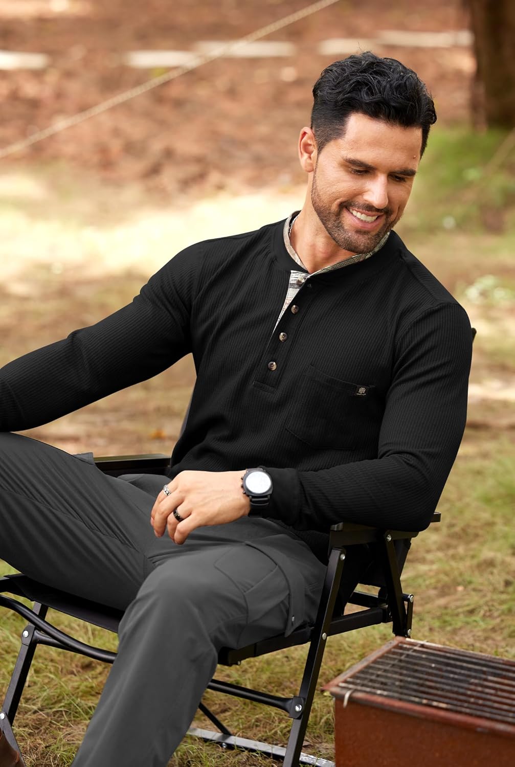 Men's Long Sleeve Waffle Henley Shirt Vintage Button T-Shirt with Pocket S-3XL - Image 5