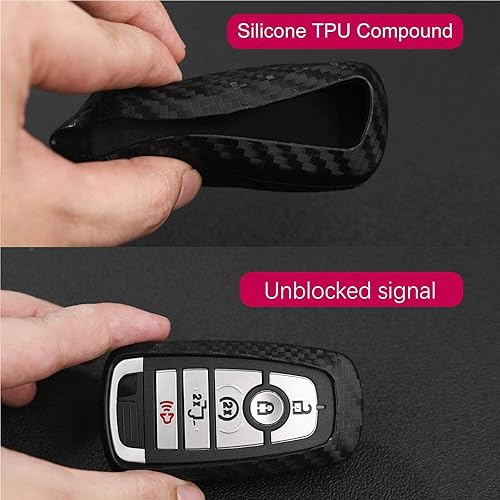 Miniatura 3 de YJMOTOR Funda protectora de goma de silicona suave con textura de fibra de carbono con llavero para Ford Bronco Mustang Fusion Raptor F150 F250