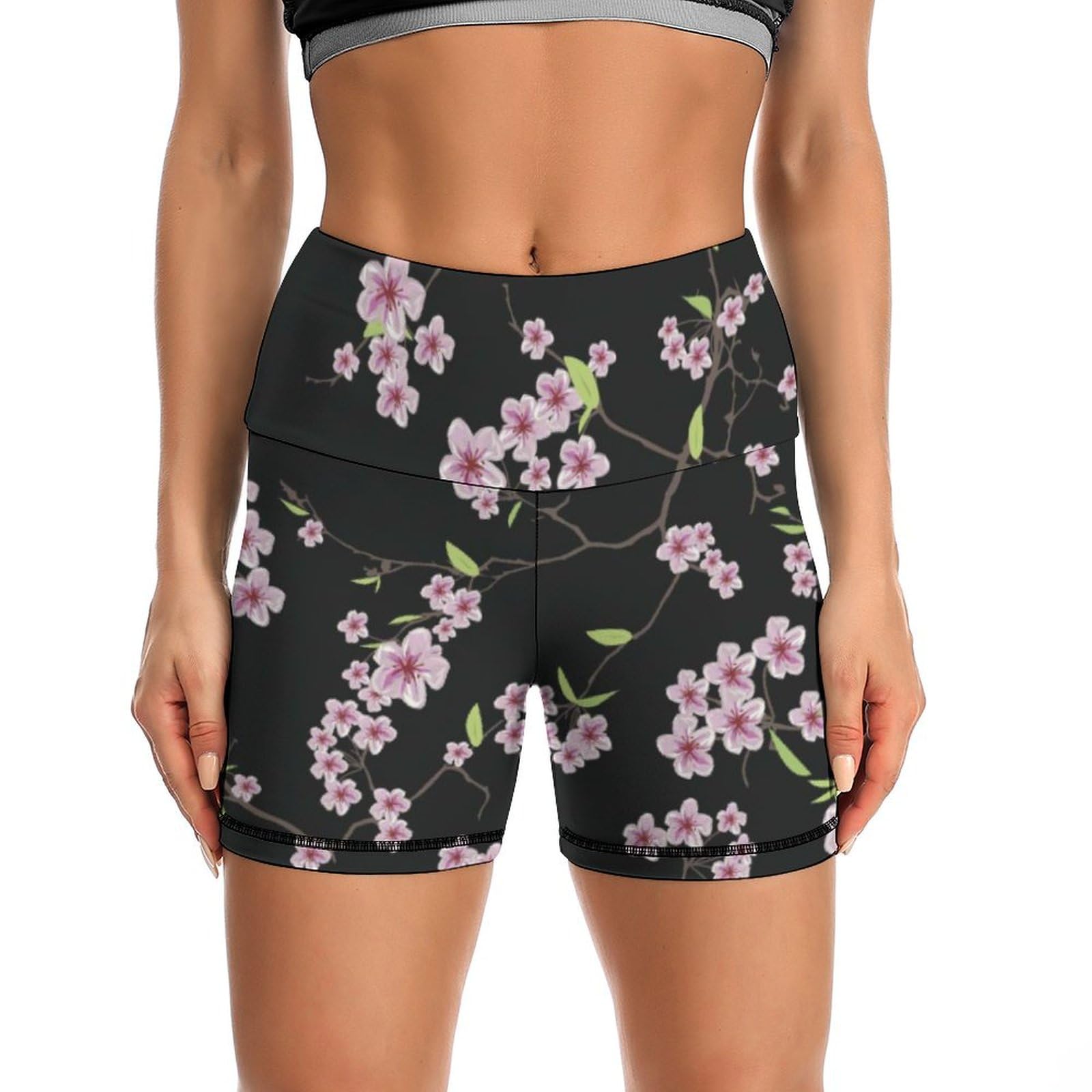 Cherry Blossoms Flower Pattern High Waist Yoga Shorts for Women Athletic Shorts Leggings Running Pants