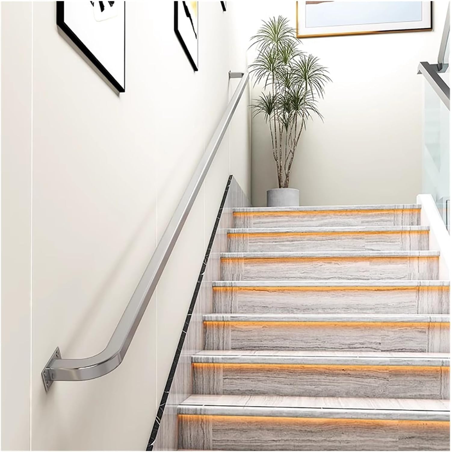 Jiajujia Silver Indoor Stair Handrail 50Cm-700Cm Wall Mounted Anti-Slip Banister, Black/ Wrought Iron Hand Rail For Elderly, Complete Kit