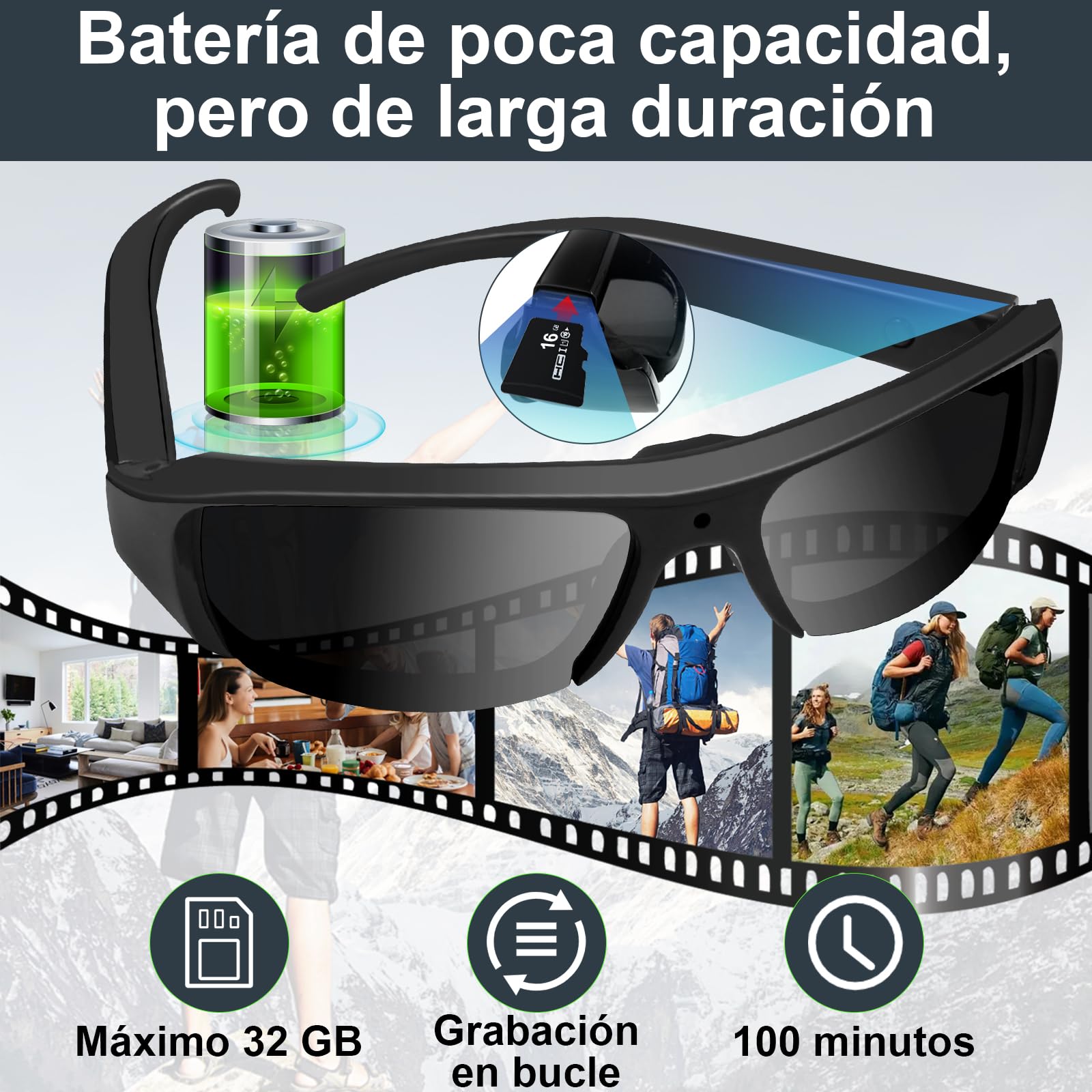 Gafas Espía Cámara HD1080P, Gafas de Sol Espía con Cámara Oculta, Gafas Camara Camuflada Tomar Fotos y Vídeos para Actividades al Aire Libre Cámara de Acción con Protección UV