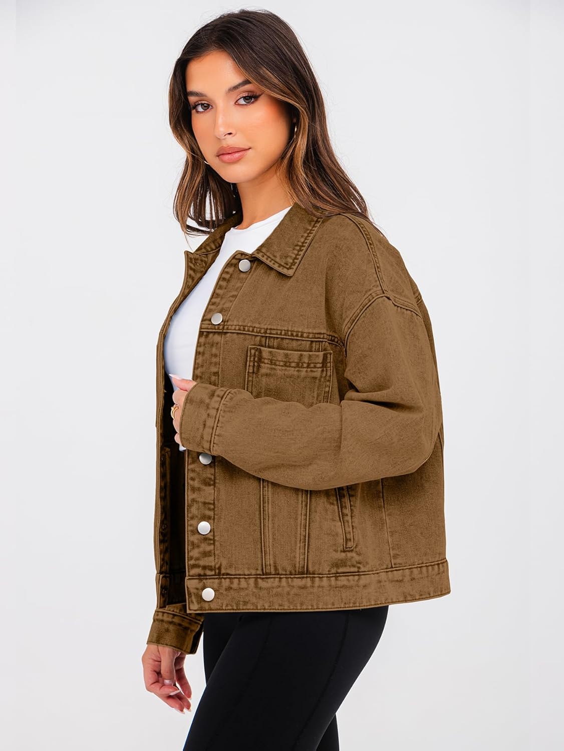 Glamaker Womens Oversized Jean Jacket Casual Long Sleeve Button Down Denim Jacket Fall Coat