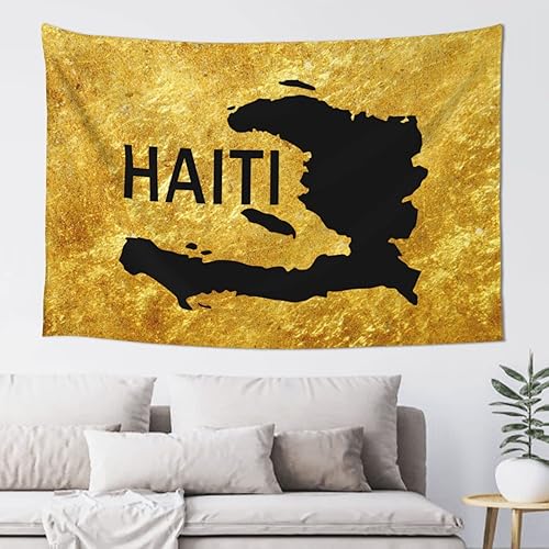 Tiayead Tapiz dorado con bandera de mapa haitiano de Haití, 60 x 40 pulgadas, decoración para colgar en la pared para sala de estar, dormitorio,