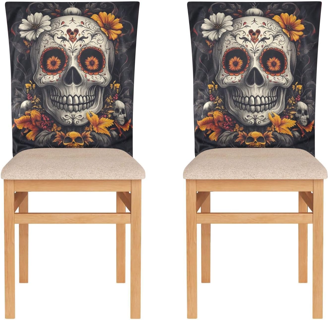 ALAZA Sugarskull Flowers Chair Back Cover Set of 6, Washable Reusable Removable Chair Slipcovers Decorative Chair Cover for Home Kitchen Wedding Party