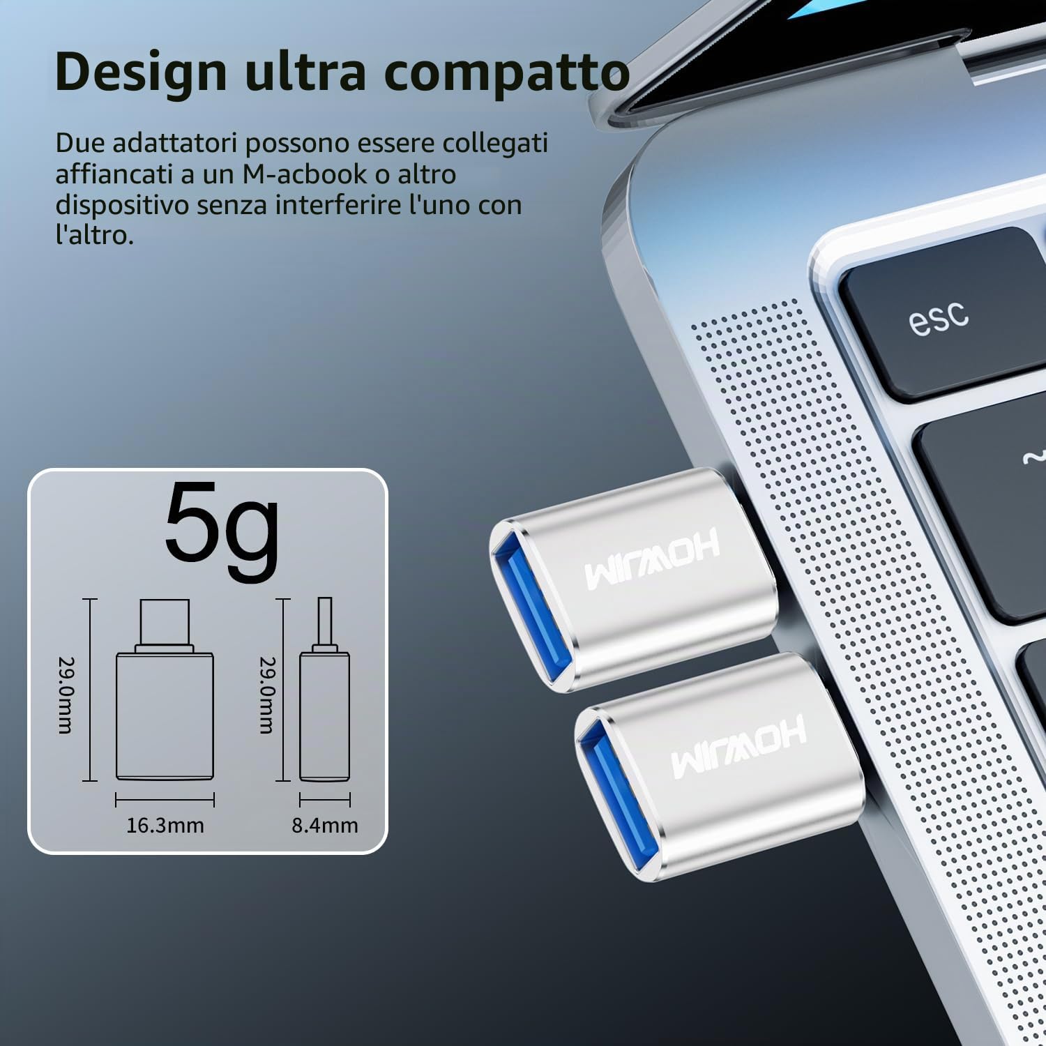 Adattatore da USB C a USB 2Pezzi,Ricarica Rapida 3A 100W,OTG 10Gbps Adattatore Type-C Maschio a USB3.2 Femmina per M-acBook Pro/Air Phone 17/16/15 Pad G-alaxy X-peria D-ell XPS S-urface Argento