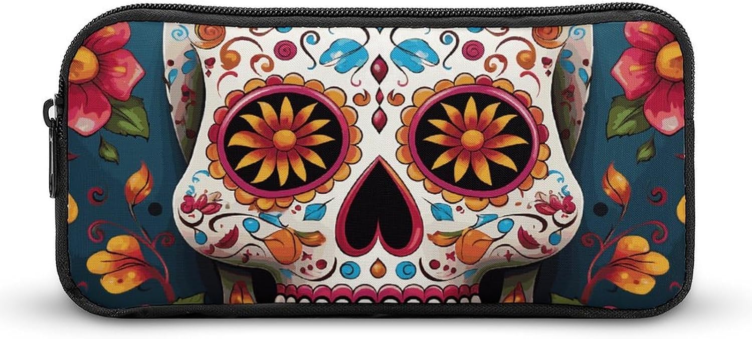Colorful Sugar Skull Large Pencil Case, Makeup Storage Organizer