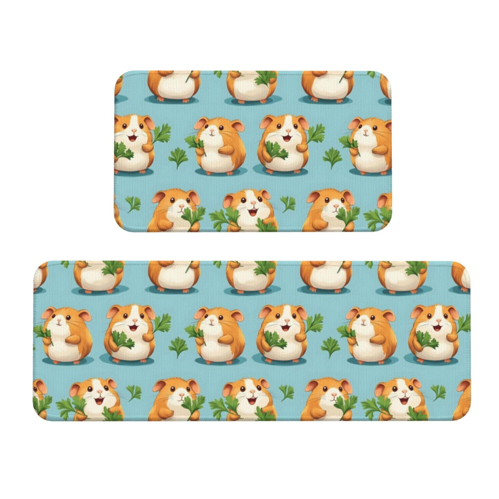 GVYGVY Antifatigue Kitchen Mats for Floor 2 Piece - Cute Hamster Leaf Print Kitchen Rugs Washable, Non Slip Runner Rug Standing Mat for Office/Bathroom/Laundry/Home Decor and Accessories