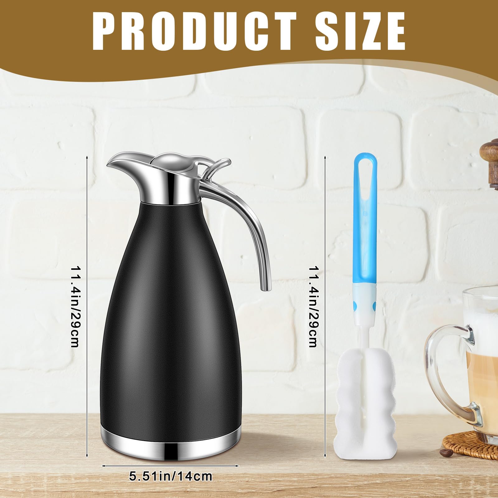 Uiifan 2 jarras térmicas de acero inoxidable de 68 onzas, jarra térmica de café aislada de doble pared al vacío con cepillos, retención de calor de 12 horas (negro, blanco)