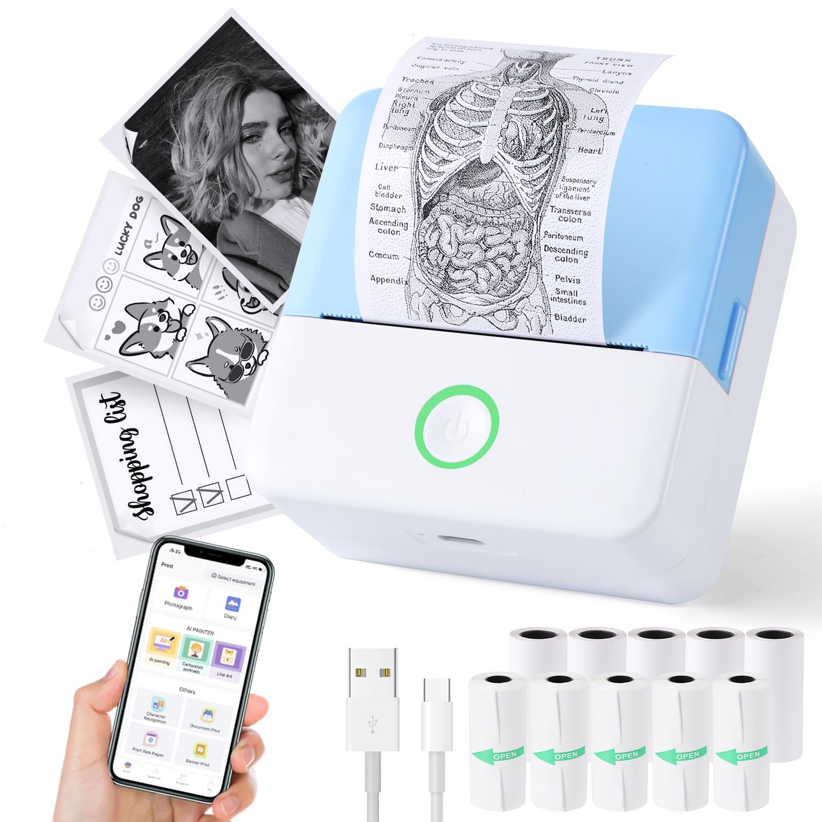 Print Pods Mini Printer, Thermal Inkless Sticker Maker with 10 Rolls Printing Paper, Pocket Printpod for phone, Impresora Portátil for Notes, Flashcards, Journal, DIY, Compatible with iOS & Android