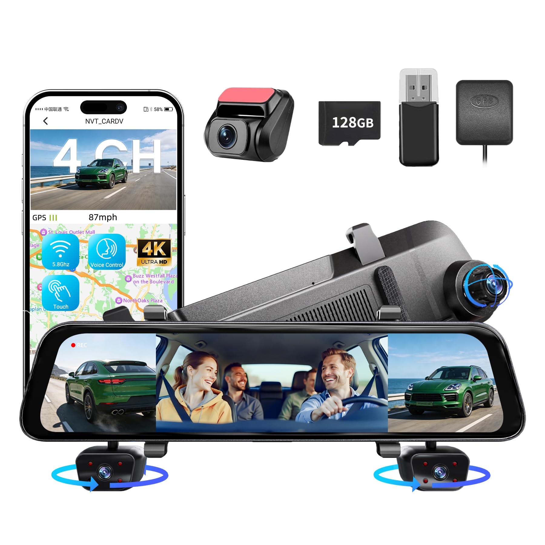 Photo 1 of 2026 4K Mirror Dash Cam 4 Channel, 12" Touch Screen Rear View Mirror Camera for Cars,4K Dashcam Front Rear Inside, IR Night Vision,WiFi,APP,GPS, Voice Control,Free 128GB SD
