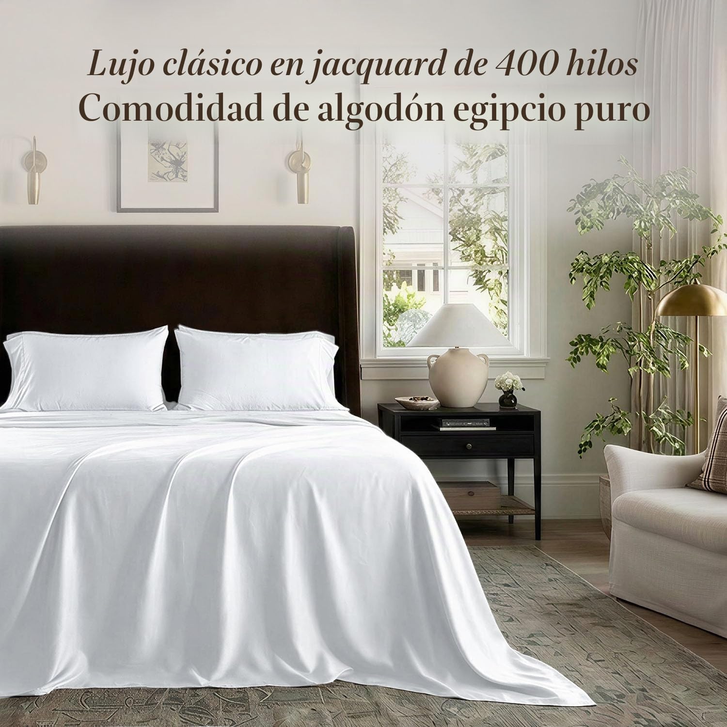 Threadmill Home Linen - Juego de Ropa de Cama en satén de 400 Hilos, 100% algodón, Juego de Ropa de Cama de 4 Piezas, sábanas Lisas, Tejido en satén, tamaño Grande, Color Blanco