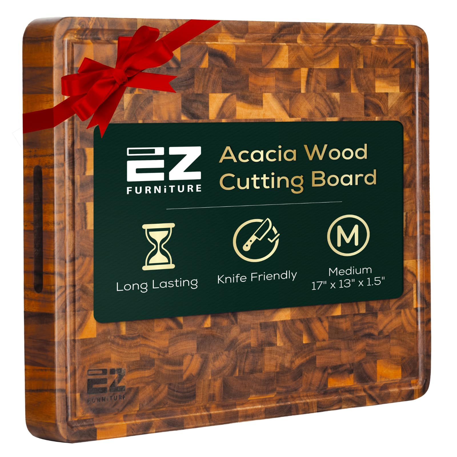 EZ FURNITURE 17 x 13 Inch Acacia Wood Cutting Board, End Grain with Juice Groove and Handles, Knife Friendly, Reversible, Suitable for Chopping Meat, Vegetables, Aesthetics for The Kitchen