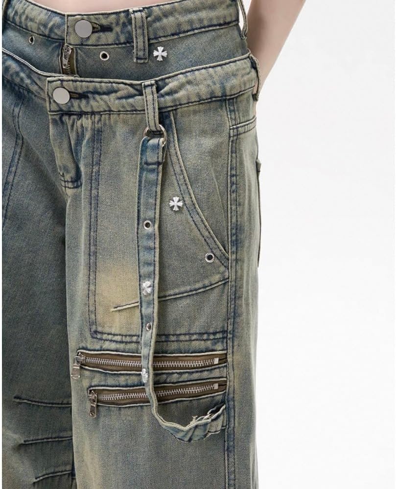 Retro Design Rivet Multi Pocket Women's Jeans, Loose and Slim fit, high Waist Straight Leg Wide Leg Pants - Image 6