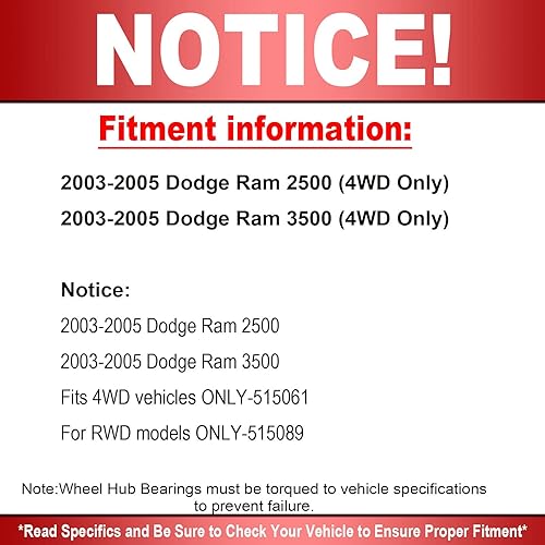 Miniatura 4 de 515061 Conjunto de cojinete de rueda delantera y cubo para Dodge Ram 2500 2003-2005, Dodge Ram 3500 2003-2005 Conjunto de cojinete de cubo de rueda