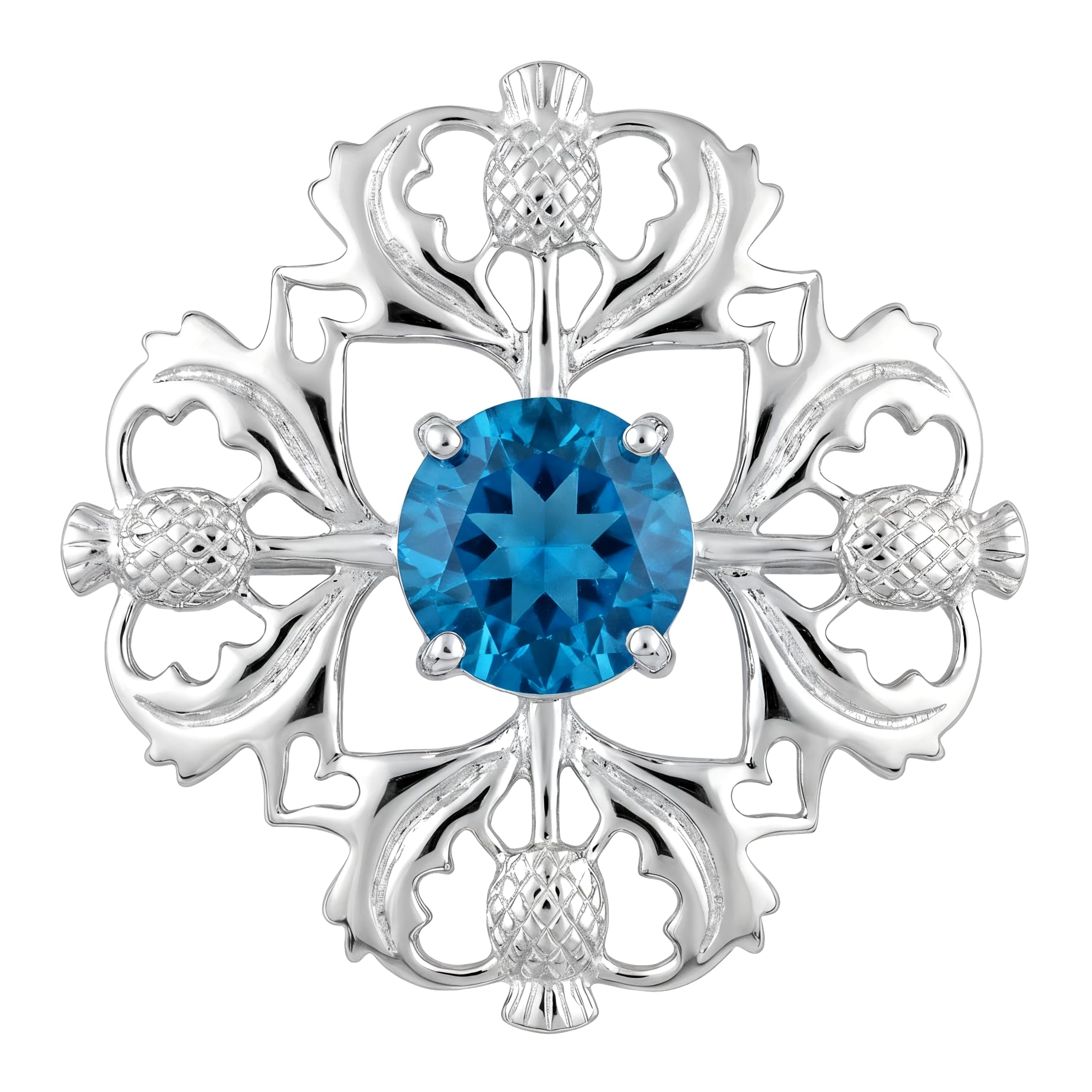 Alexander Castle Silberne schottische Distel-Brosche, 925er-Sterlingsilber, 34 mm x 34 mm, Dornverschluss, blauer Stein