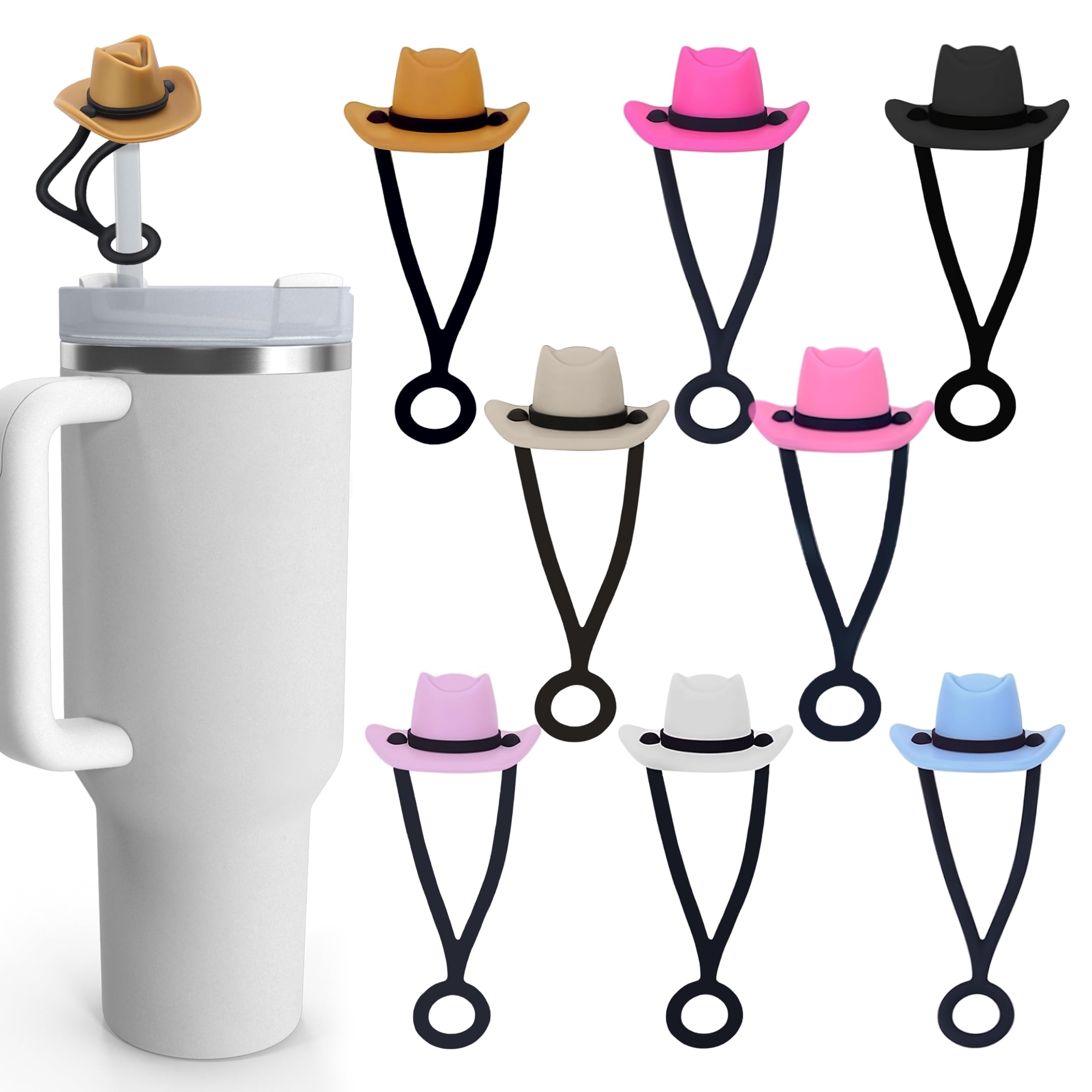 Mattika8PCS Cute Cowboy Hat Silicone Straw Covers/Straw toppers - 10mm Funny Topper Caps, Fits Stanley Cup 30 & 40 OZ - Ideal Present for women