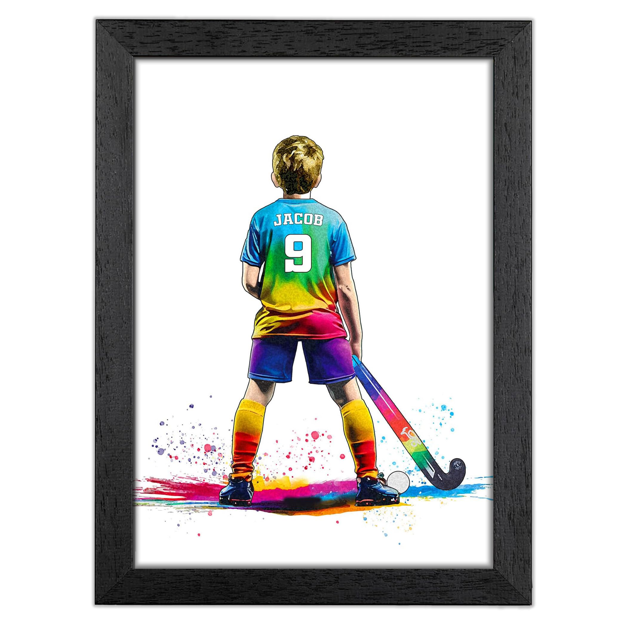 Art by Toor Personalised Field Hockey Gifts for Boys - Boys Hockey Poster for Boys Bedroom (Black Frame)