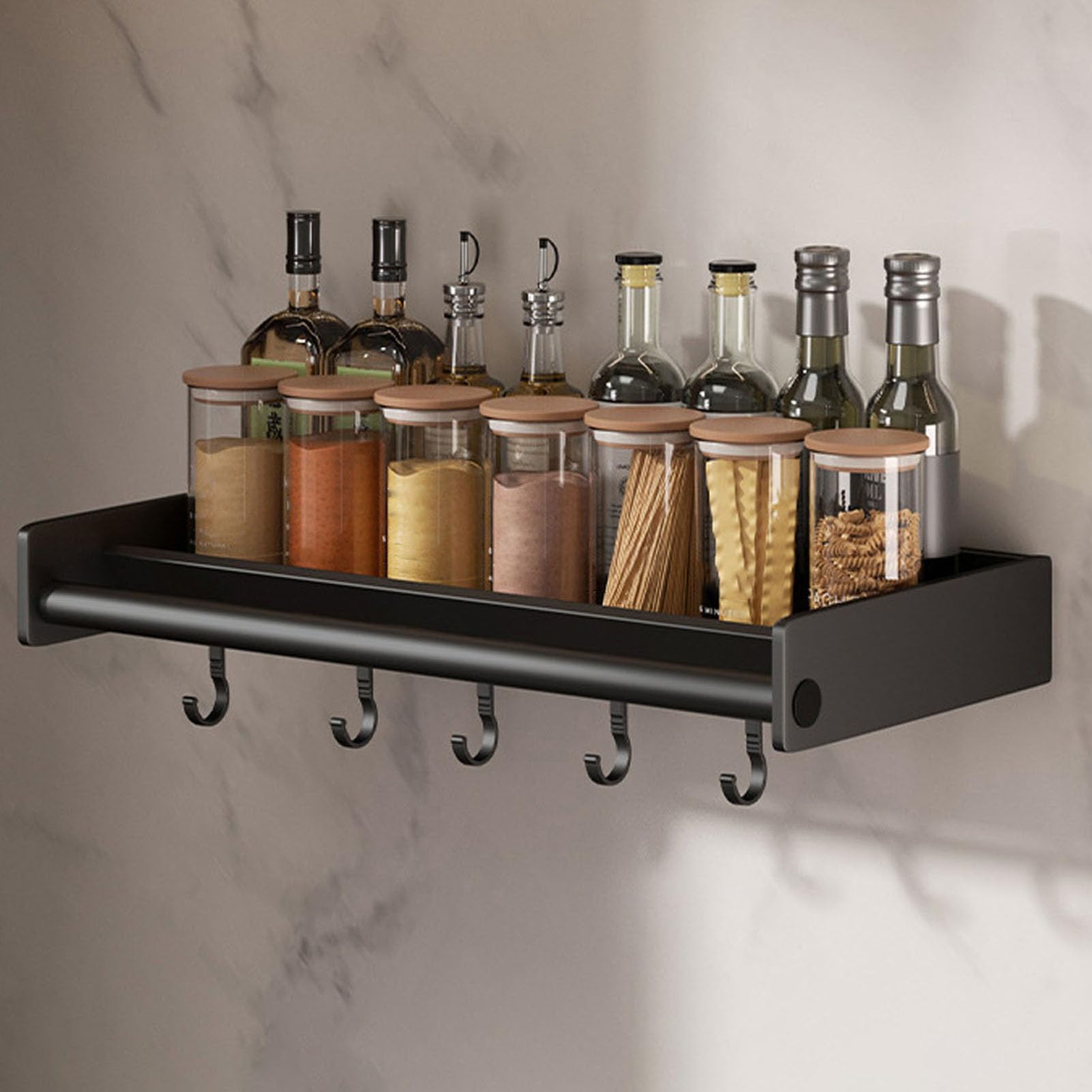 Schwarz,40cm,Gewürzregal Wand,Gewürzregal Hängend aus Metall,Gewürz Organizer mit Haken und Papierhandtuchhalter,Küchenregal Gewürzregal Ohne Bohren,Hängend Küchen Organizer,Spice Rack