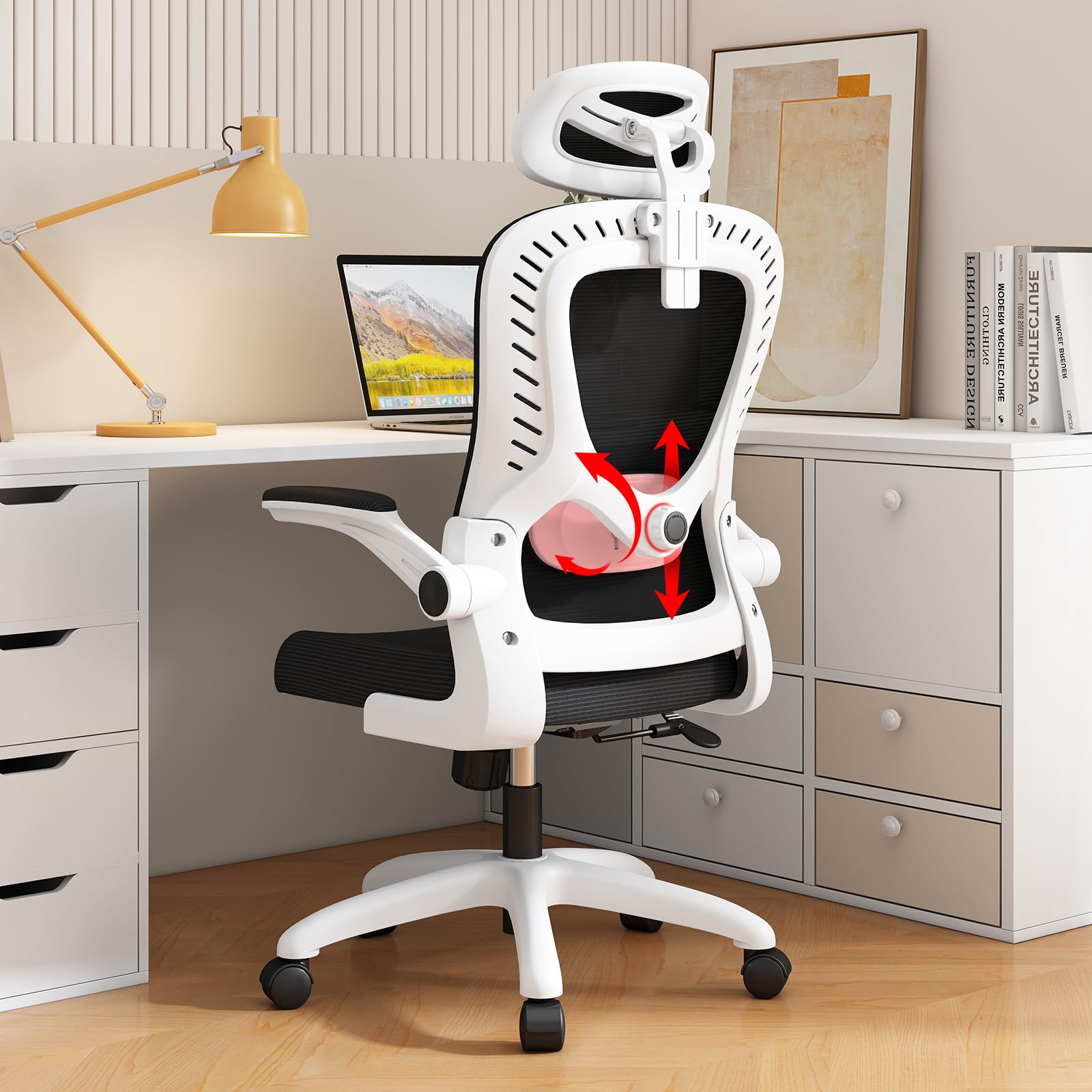 Silla de Oficina - Silla de Oficina Ergonómica con Soporte Lumbar, Reposabrazos, Reposacabezas Ajustable, Cómodo Respaldo Alto Silla de Ordenador Giratoria para el Hogar Oficina-Blanco