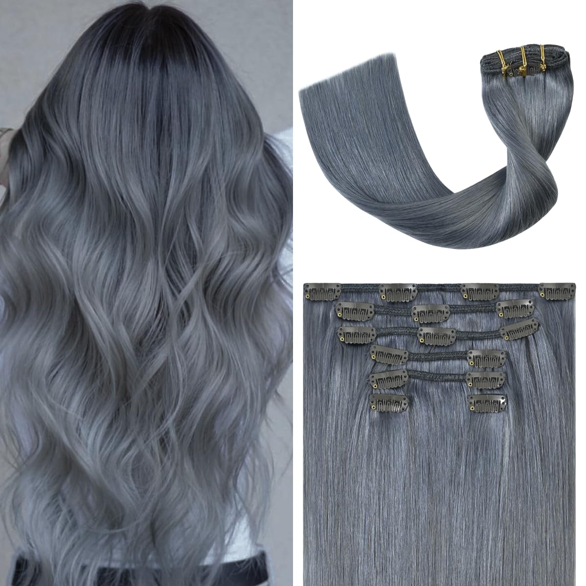 Silver Grey Clip in Hair Extensions Real Human Hair, 70G Gray Remy Human Hair Clip in Extensions 15 Inches Soft Silky Straight for Full Head 7pcs 16clips One Pack (15 Inch #Silky/Gray)