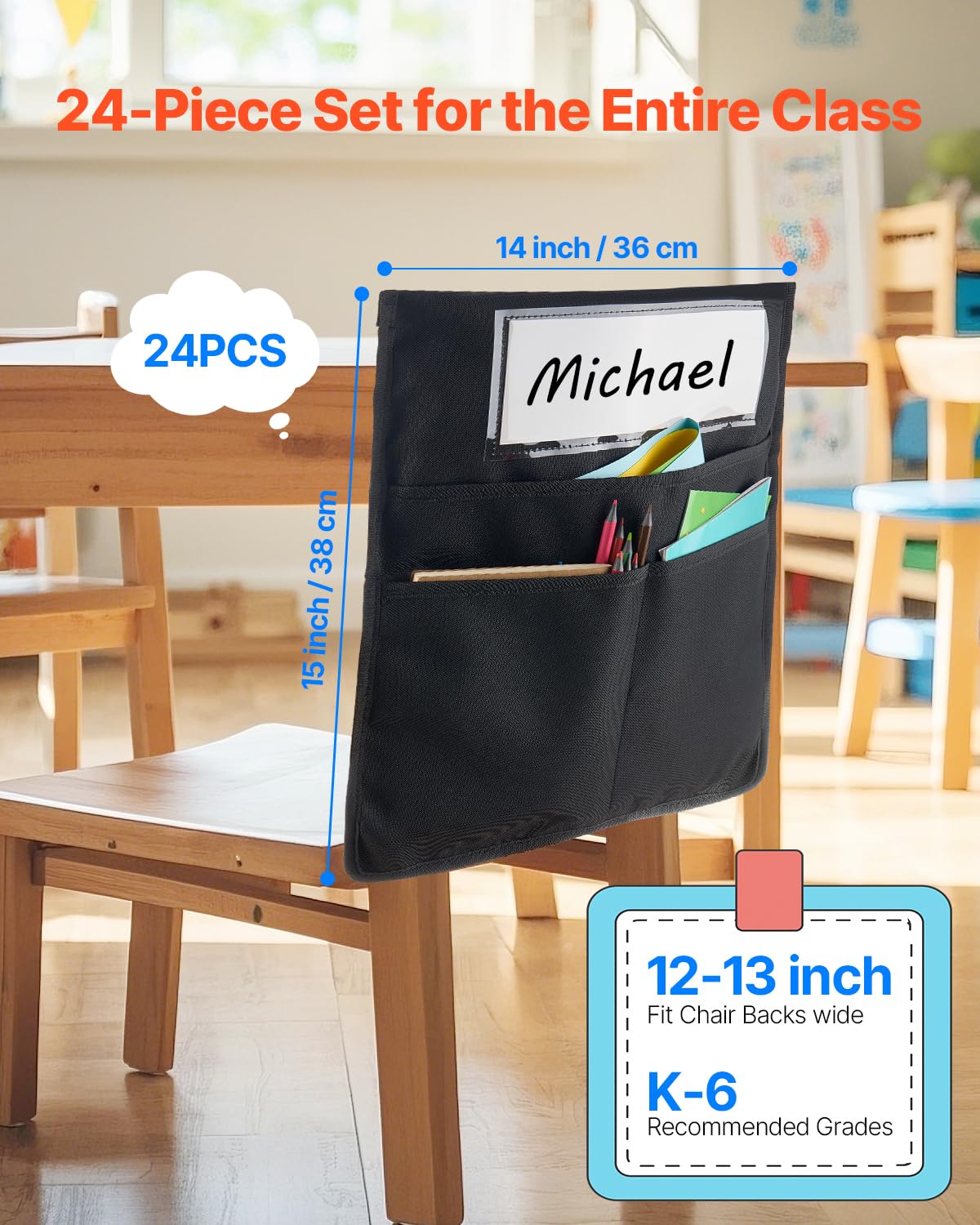 VEVOR Klassenzimmerstuhltasche, 24er-Pack, 36x38 cm, Rückenlehnentasche mit Namensschild, Stuhlrücken-Organizer für Kinder im Klassenzimmer, Kindergarten, in der Schule & zu Hause, Schwarz