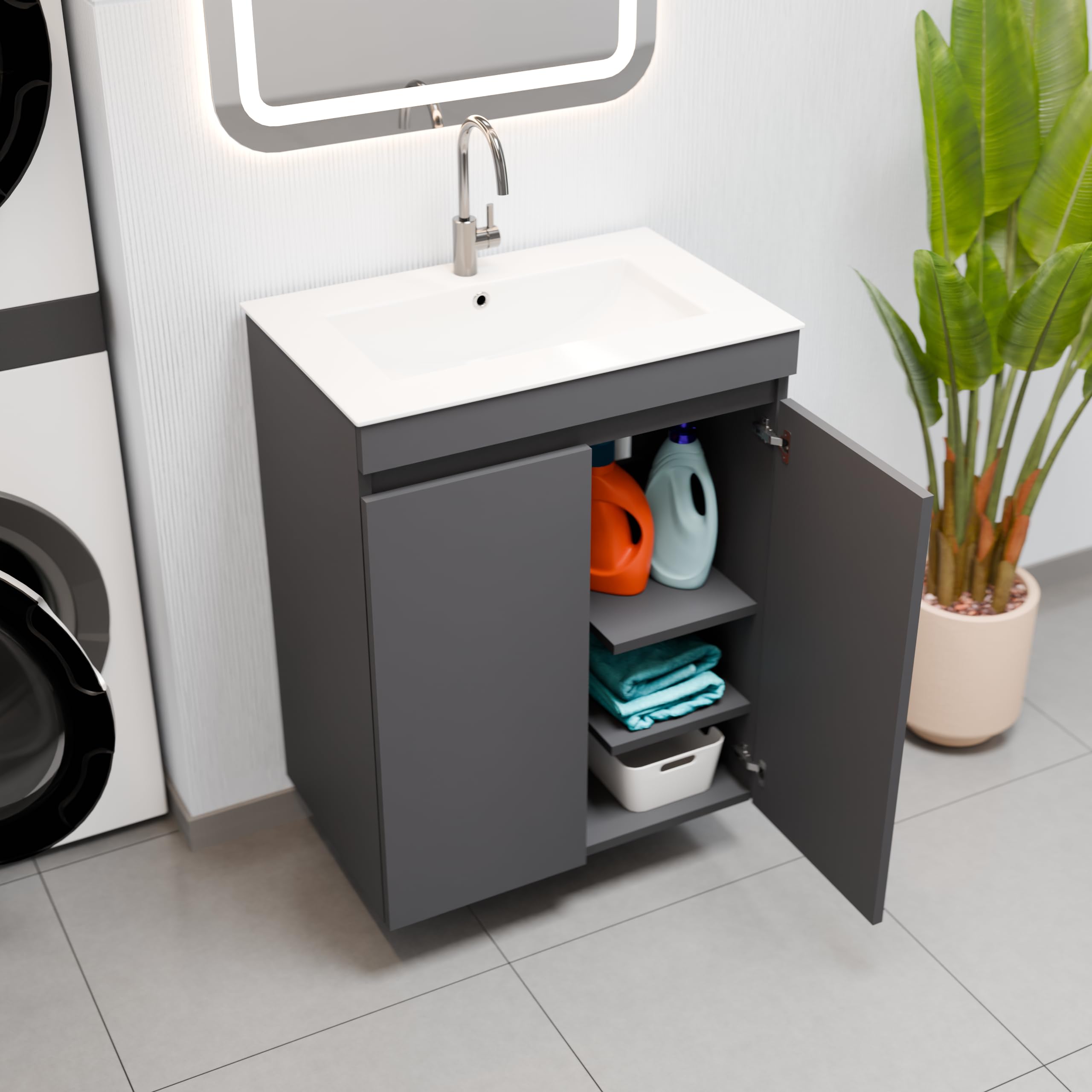 Waschbecken mit Unterschrank Ribera, Hängend oder Stehend, Waschtisch mit Unterschrank für Badezimmer, Wäschekorb, Wäscheschrank, Zusatzböden, 2 Soft-Close-Türen (Anthrazit, 60 cm)