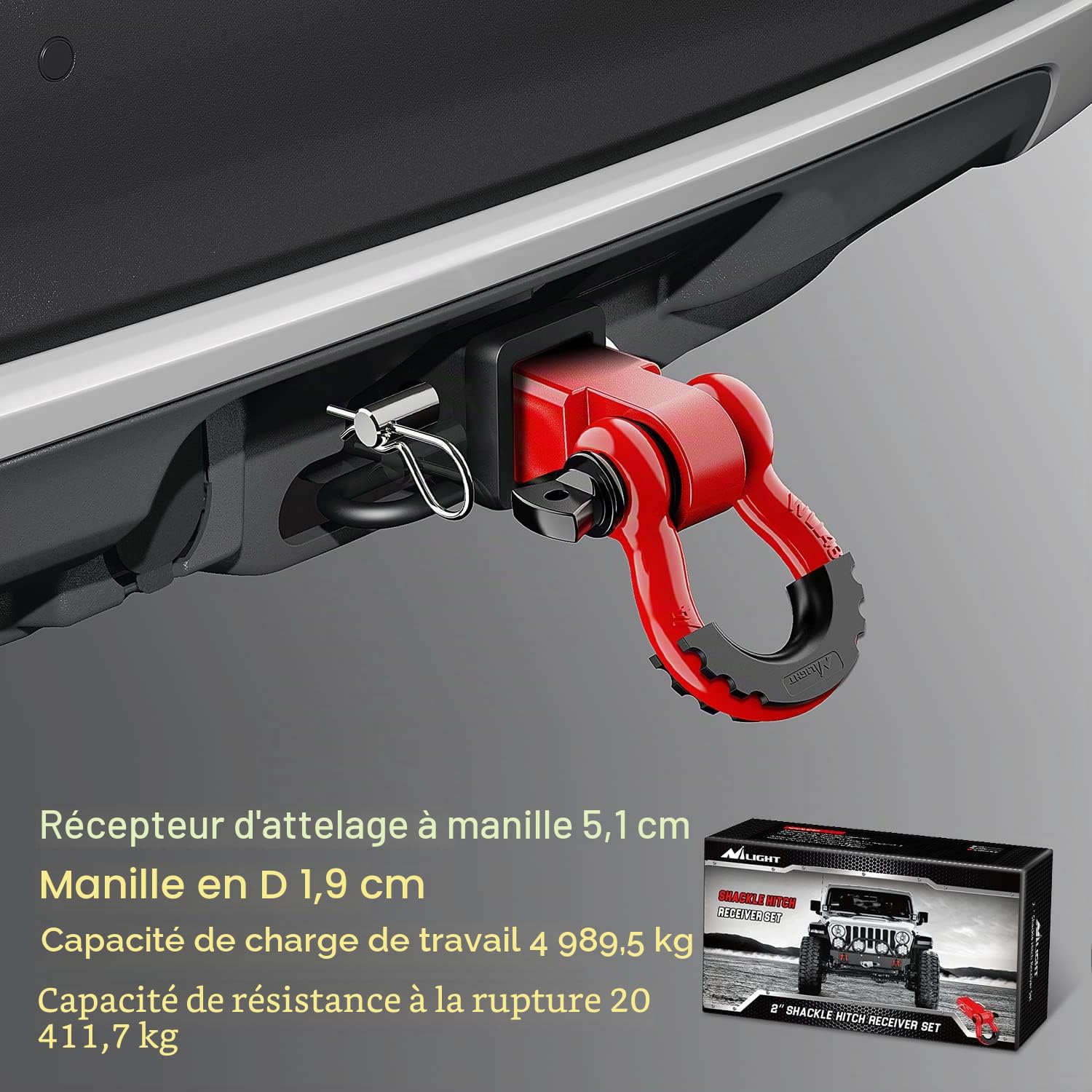 Nilight Récepteur d'attelage de Manille de 5,1 cm – Résistance à la Rupture – Résistance à la Rupture – Anneau en D de 1,9 cm avec goupille d'attelage de remorque – Kit de récupération Solide pour
