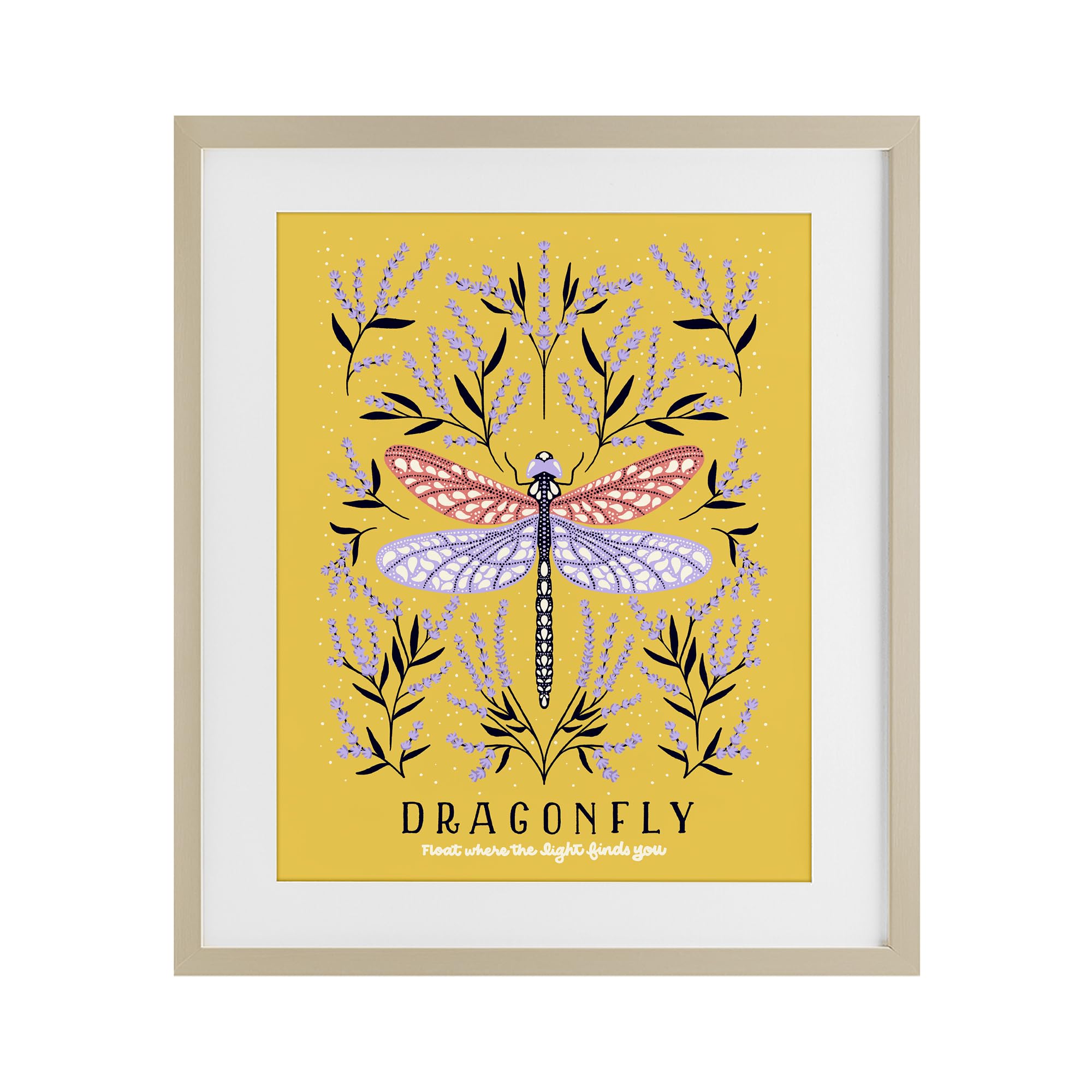Stupell Industries Lavender Dragonfly Symmetry Yellow 'Dragonfly Symmetry On Yellow', Framed Print Under Glass, Brown, 13 X 16 Inches, Easy To Hang And Sturdy, Made In Usa, By Indira Prieto | Indysign