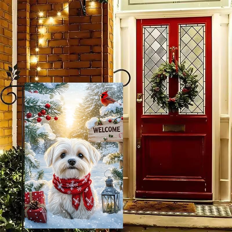 Welcome Christmas Dog Garden Flags 12x18 Double Sided, Small Burlap Holiday Snow Cardinal Maltese Garden Flag Winter Christmas Outdoor Yard Decorations Porch Lawn Flags for Outside - Image 6
