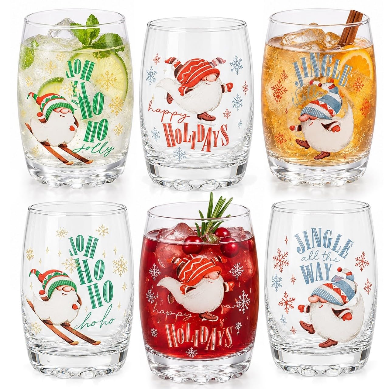 URBNLIVING 250ml Christmas Gnome Drinking Glasses Set of 6 Stemless Tumbler