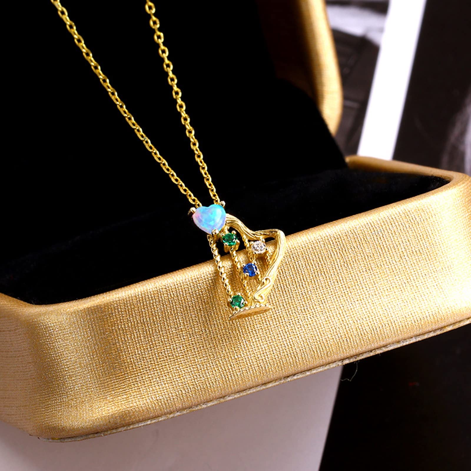 Epinki Echtgold Schmuck Halskette 18K Gold, Harfe Anhänger mit Labor Erstellt Opal (Blau, Herzschliff) Au 750 Kette Damen Zart Zirkonia für Frauen, Gold, 45cm